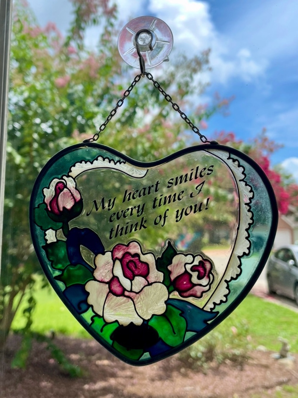 Joan Baker Designs Heart-Shaped Faux Stained Glass Suncatcher – Pink Roses